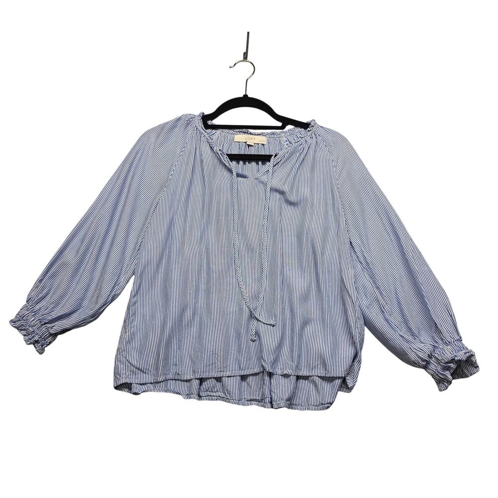 LOFT Blue White Striped Peplum Blouse Ruffle Sleeve XSP